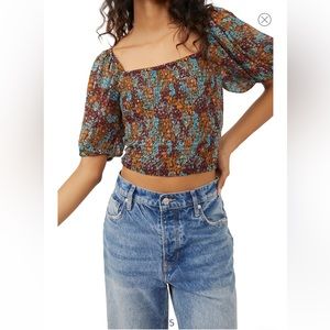 NWT - Free People Back On Crop Top Smocked Puff Sleeves Floral Printed XS